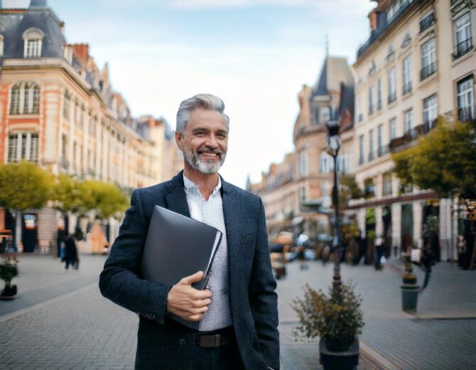 image a Nantes en ville avec en premier plan un business men avec une barbe